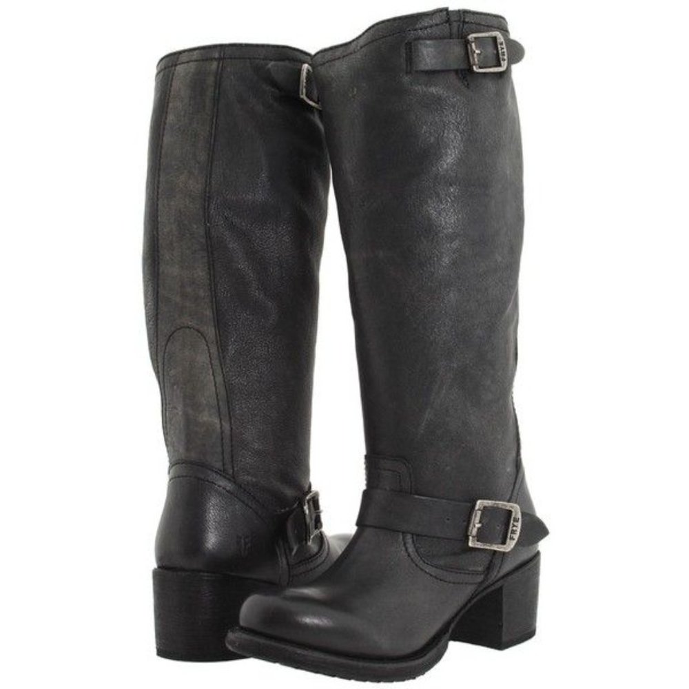 Frye Vera Slouch Grey Black Leather Block Heel Moto Knee High Tall Buckle Boot - Picture 3 of 13